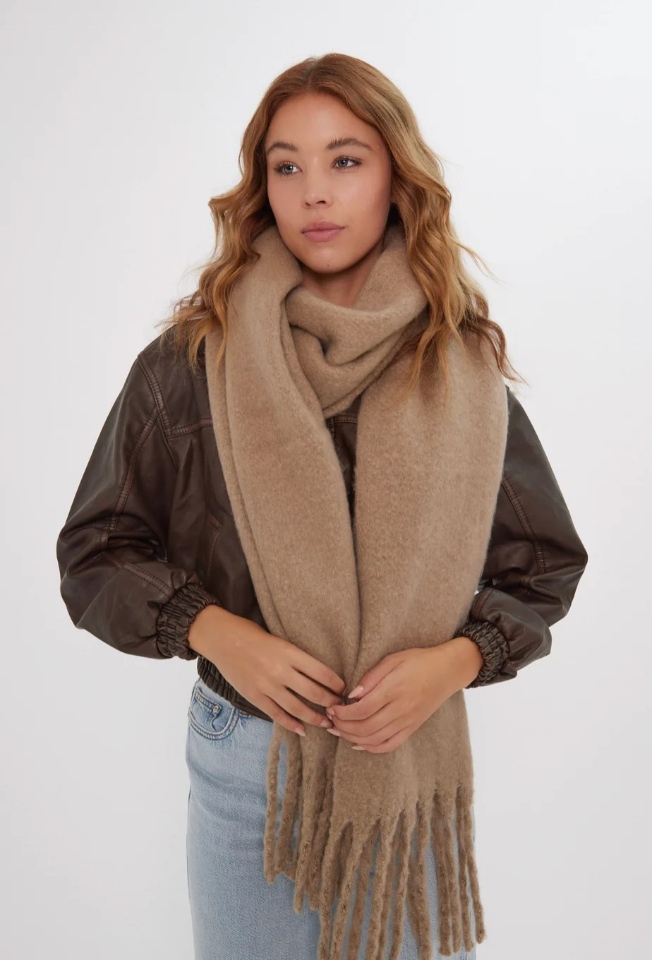 CRIMSON Fluffy Soft Chunky Scarf in Biscuit - Image 4