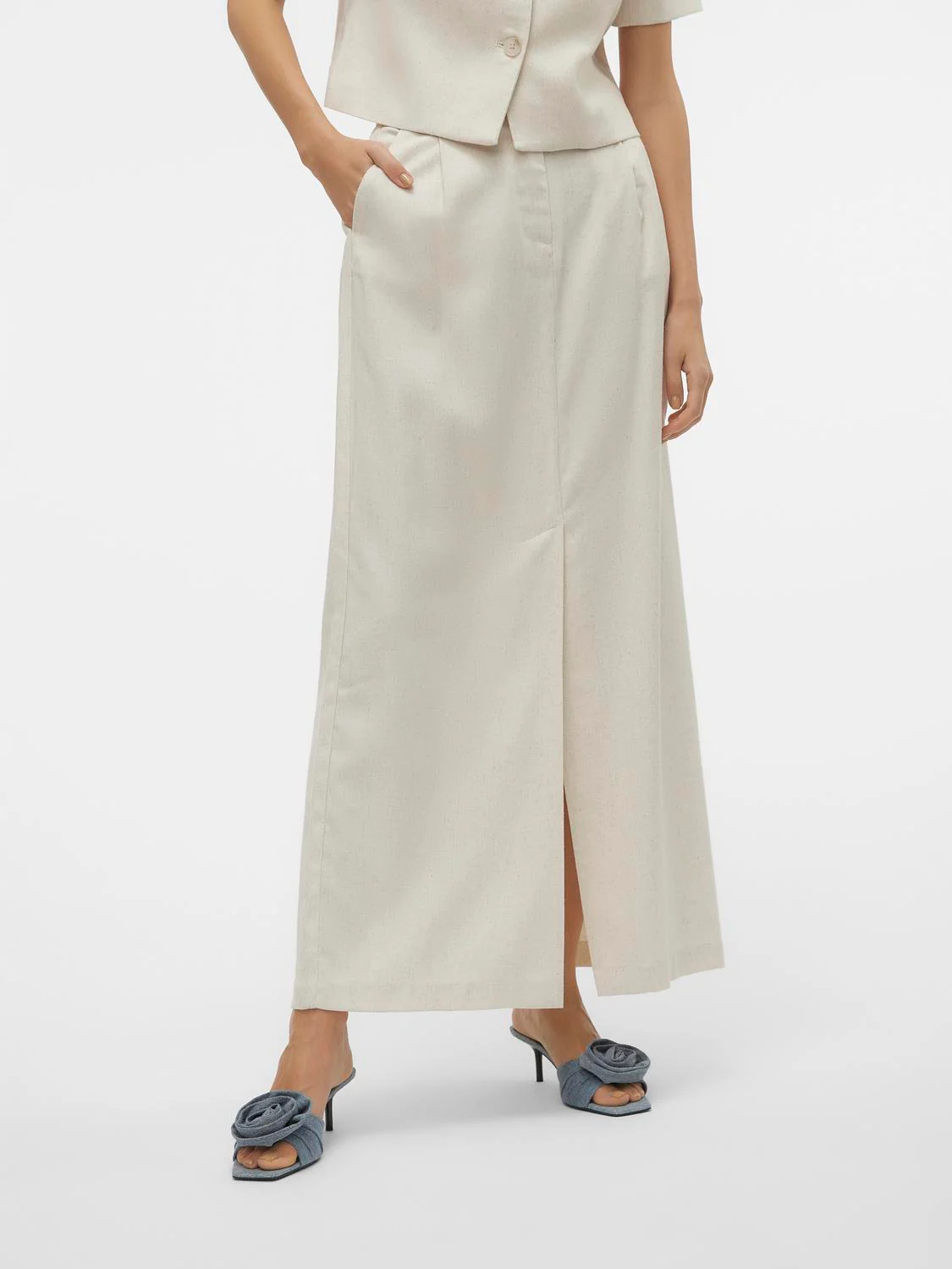 FLORENCE Long Linen Skirt with Split in Natural - Image 5