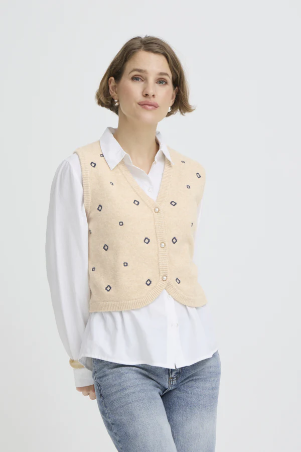 NADIKA Embroidered Sleeveless Knitted Slipover Gillet Cream and Navy - Image 4