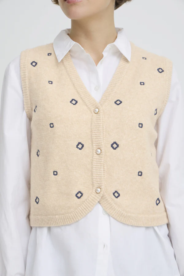 NADIKA Embroidered Sleeveless Knitted Slipover Gillet Cream and Navy - Image 5