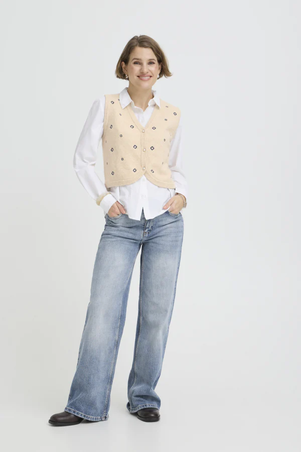 NADIKA Embroidered Sleeveless Knitted Slipover Gillet Cream and Navy - Image 6