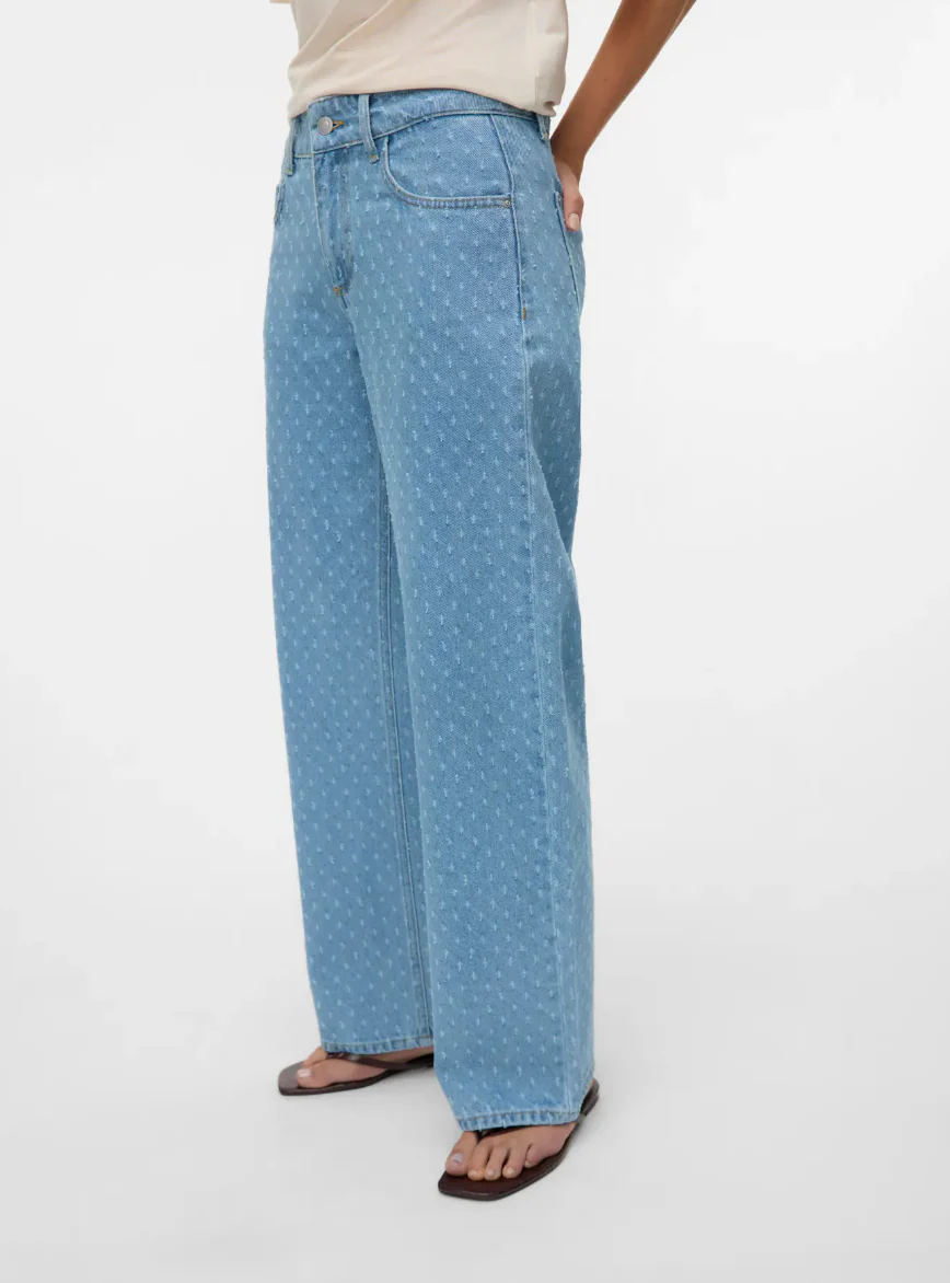 NANCY Light Wash Mid Rise Textured Wide Leg Jeans - Image 6