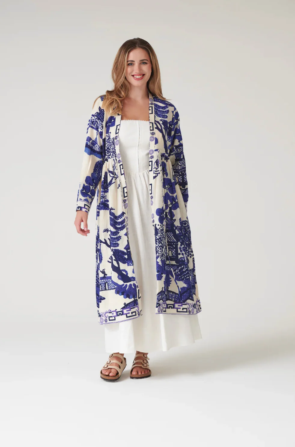 One Hundred Stars Mid Length Cotton Duster Kimono in Giant Willow Blue Print - DUSGIWBLU - Image 3