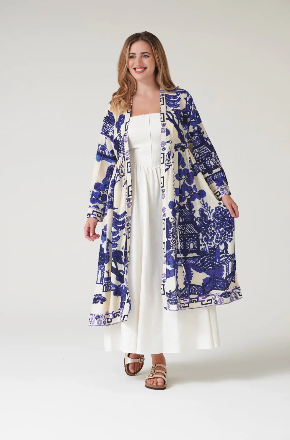 One Hundred Stars Mid Length Cotton Duster Kimono in Giant Willow Blue Print - DUSGIWBLU - Image 5