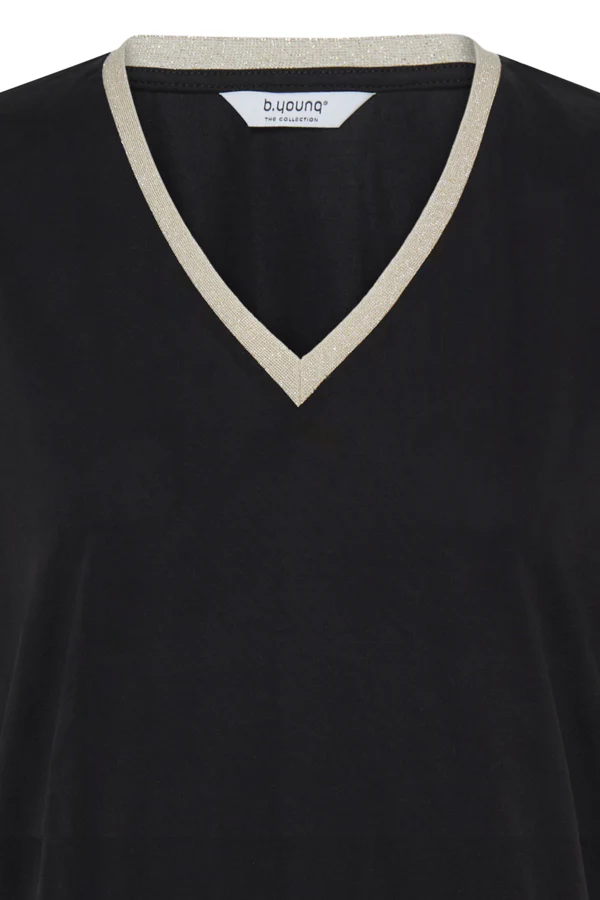 PERL V-Neck Tee in Black with Gold Neckline Trim - Image 3