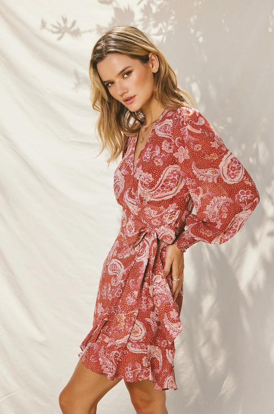 Rose Long Bishop Sleeve Mini Dress in Pink Paisley Print - Image 3