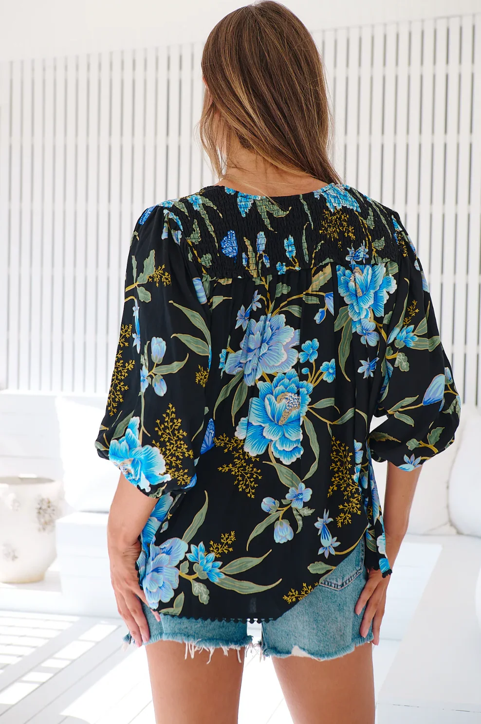 Rue Blouse in Blue Winter Blossom Print - Image 6
