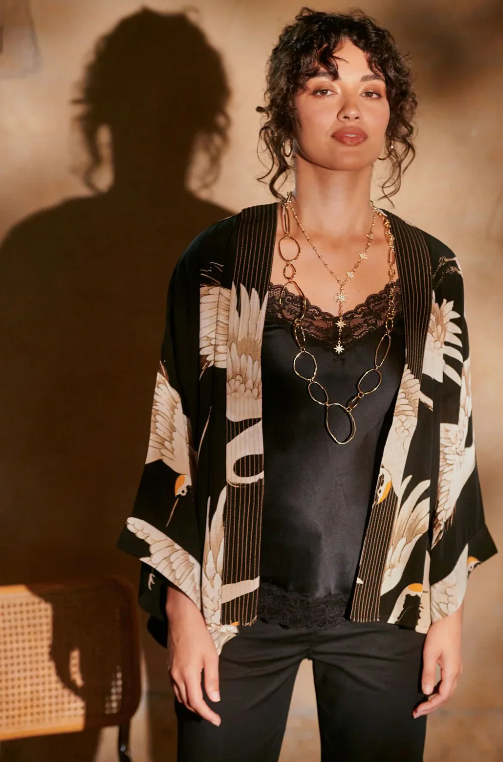 Black Stork Short Kimono in Crepe by One Hundred Stars - CKMSTOBLK - Image 10