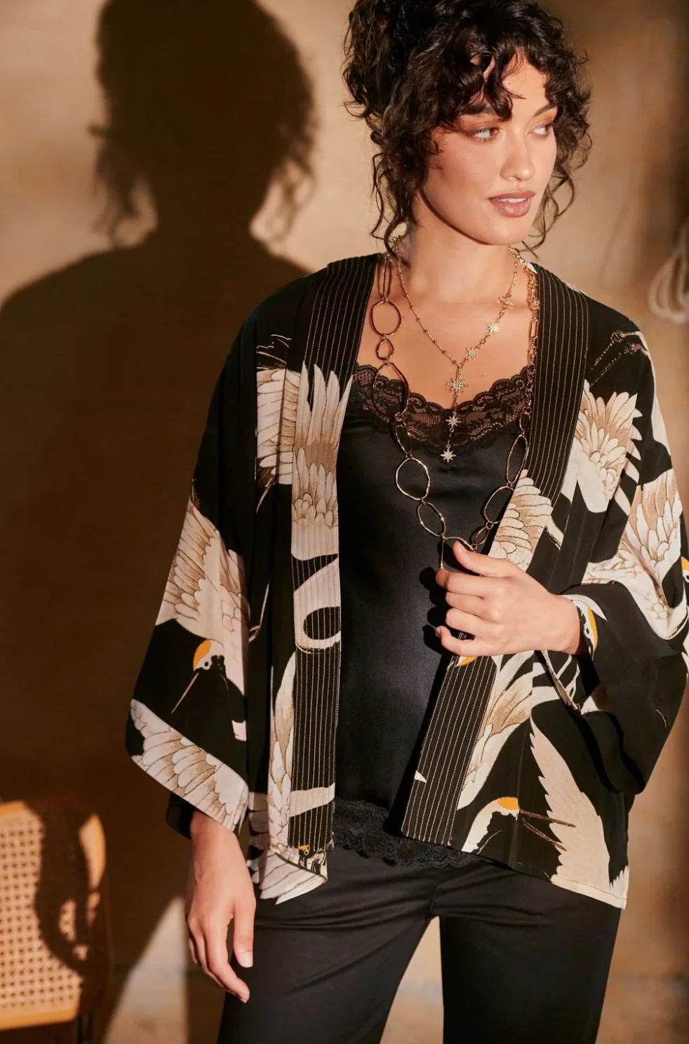Black Stork Short Kimono in Crepe by One Hundred Stars - CKMSTOBLK - Image 7