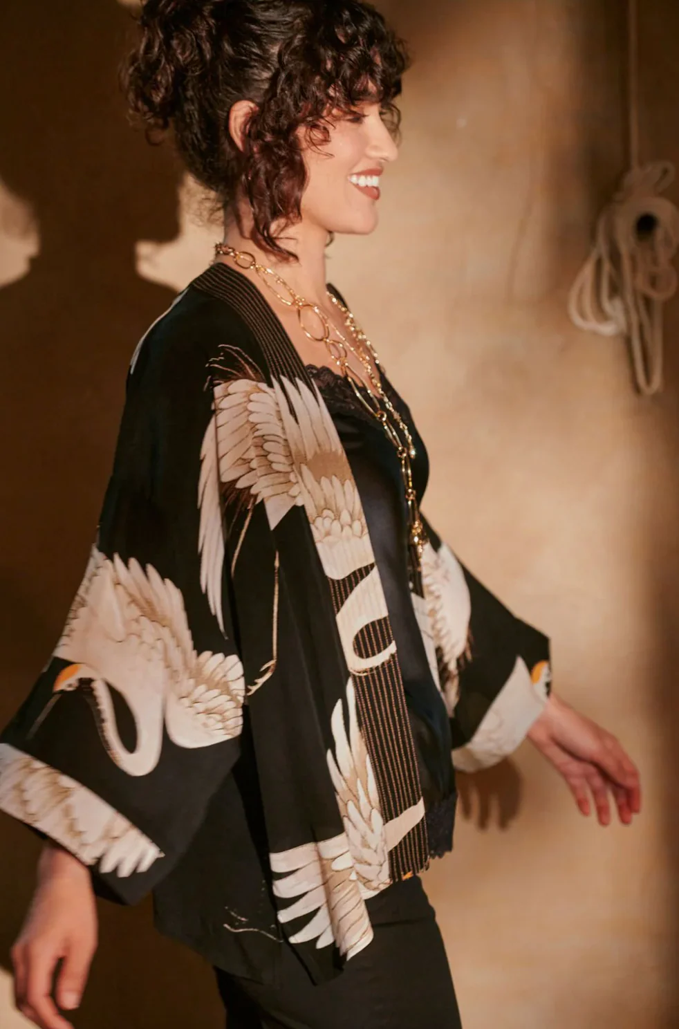 Black Stork Short Kimono in Crepe by One Hundred Stars - CKMSTOBLK - Image 8