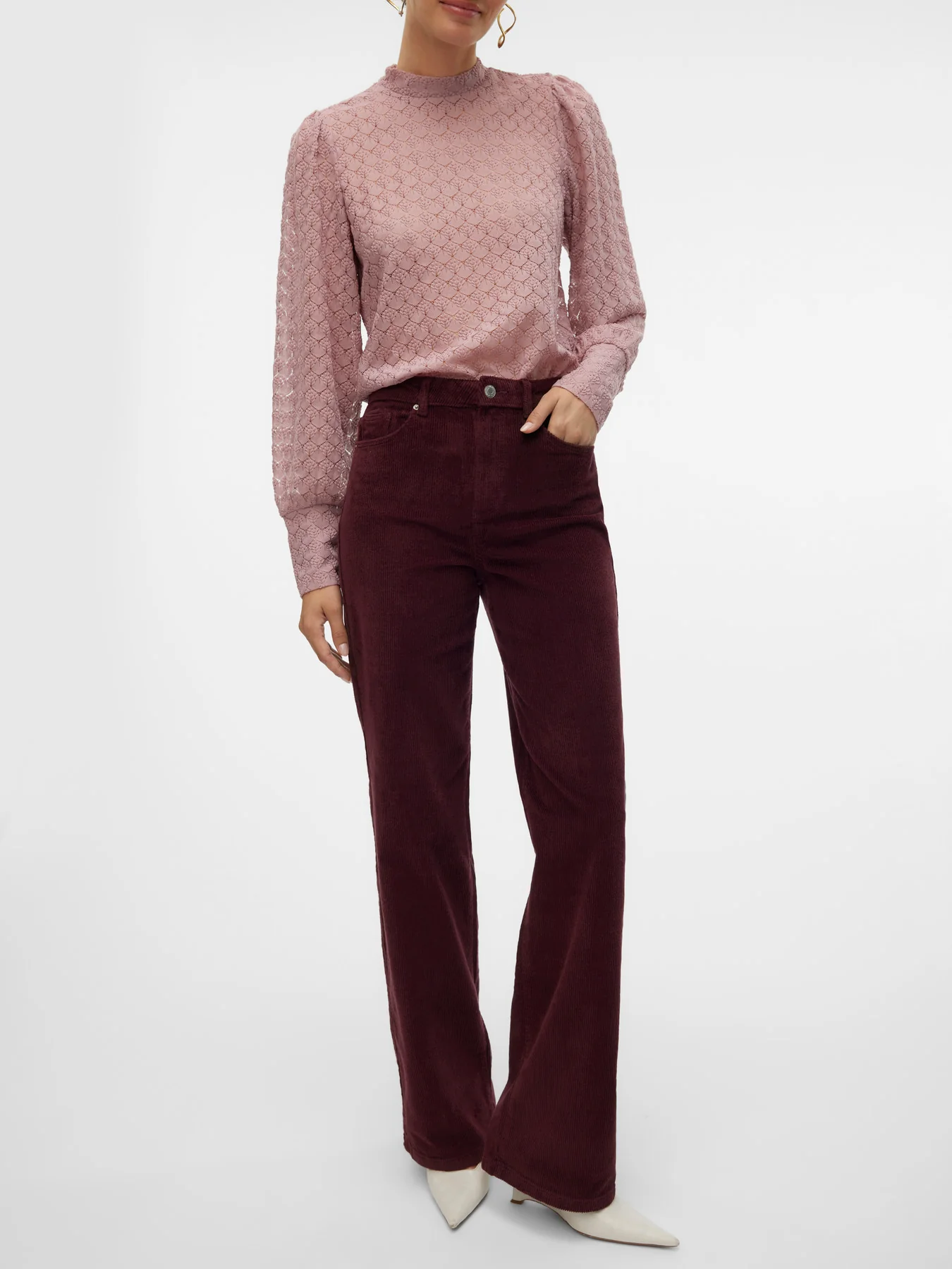 TESSA Corduroy High Rise Wide Leg Trousers in Burgundy Port Royale - Image 4