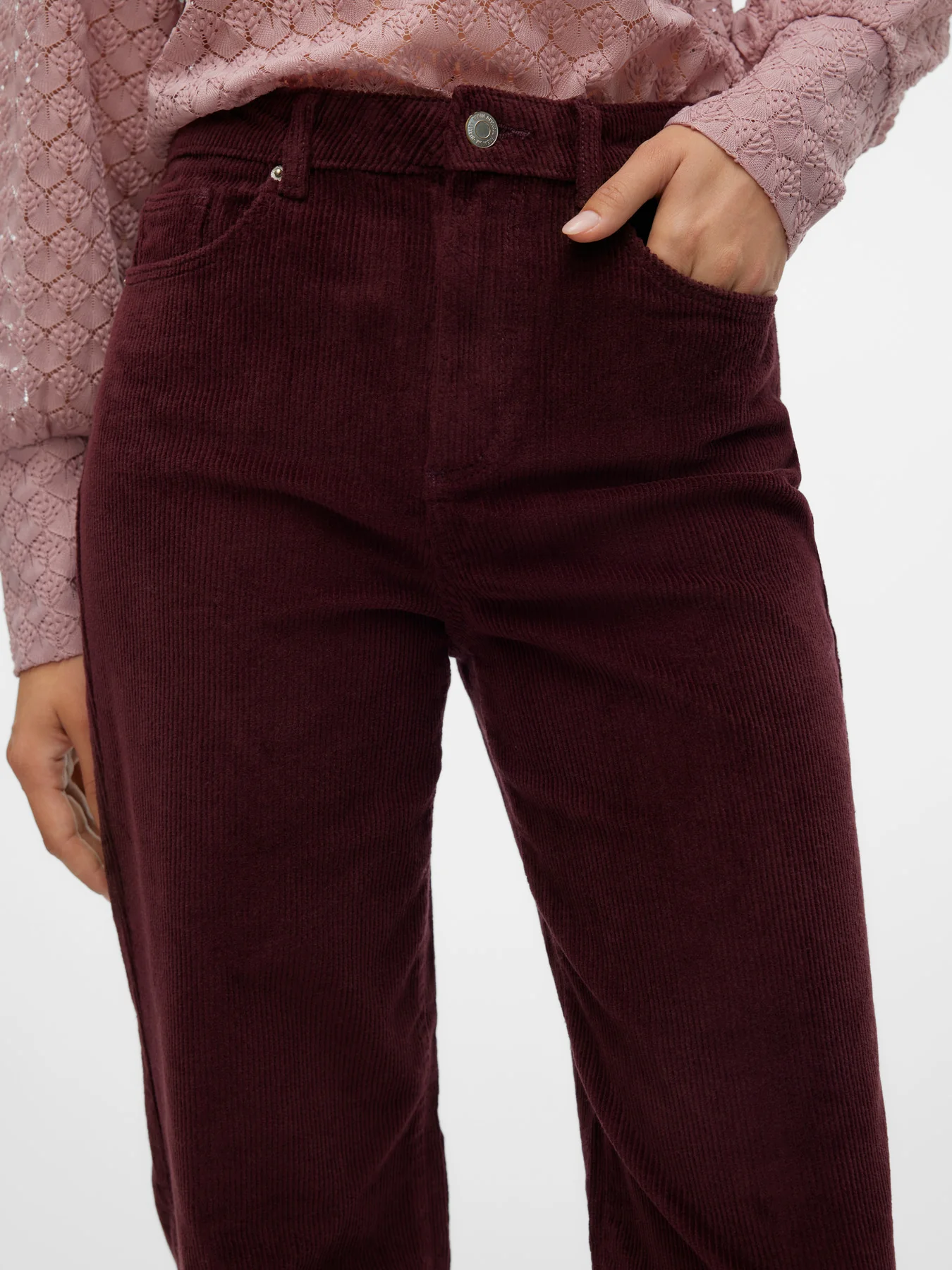 TESSA Corduroy High Rise Wide Leg Trousers in Burgundy Port Royale - Image 5