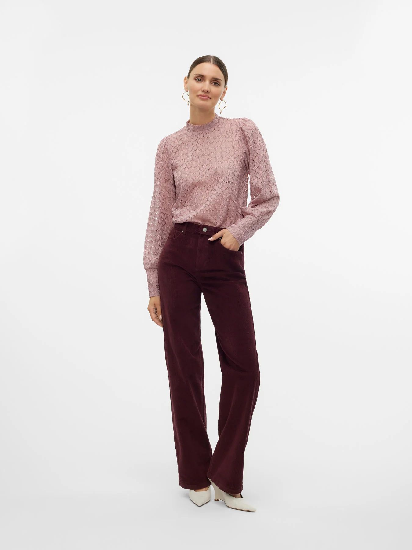 TESSA Corduroy High Rise Wide Leg Trousers in Burgundy Port Royale - Image 6